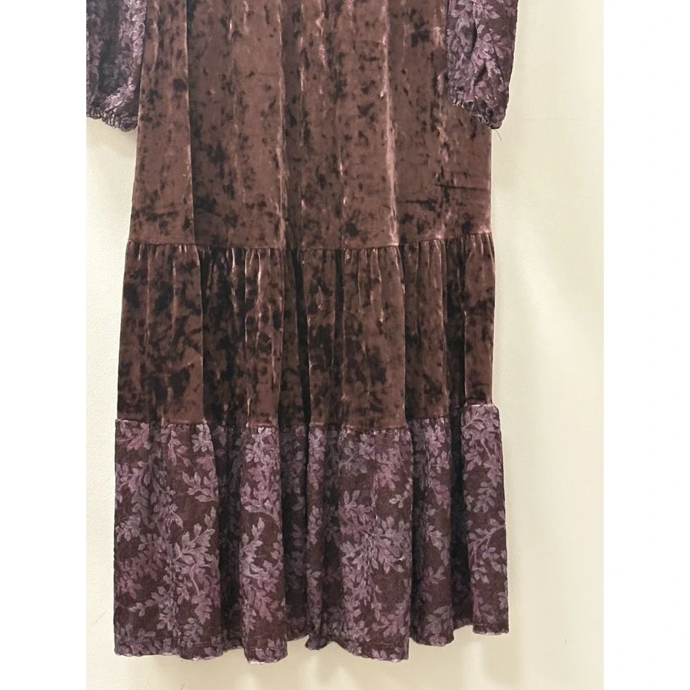 Frye and Co Burgundy Crushed Velvet Floral Maxi Dress Long Sleeve Smock Sz L